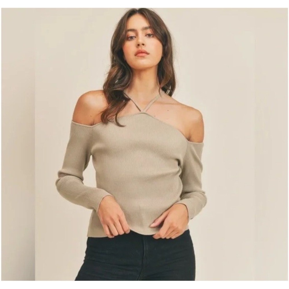 Mable Anthropologie M Brown Ribbed Off Shoulder Halter Sweater Cutout Chic BOHO